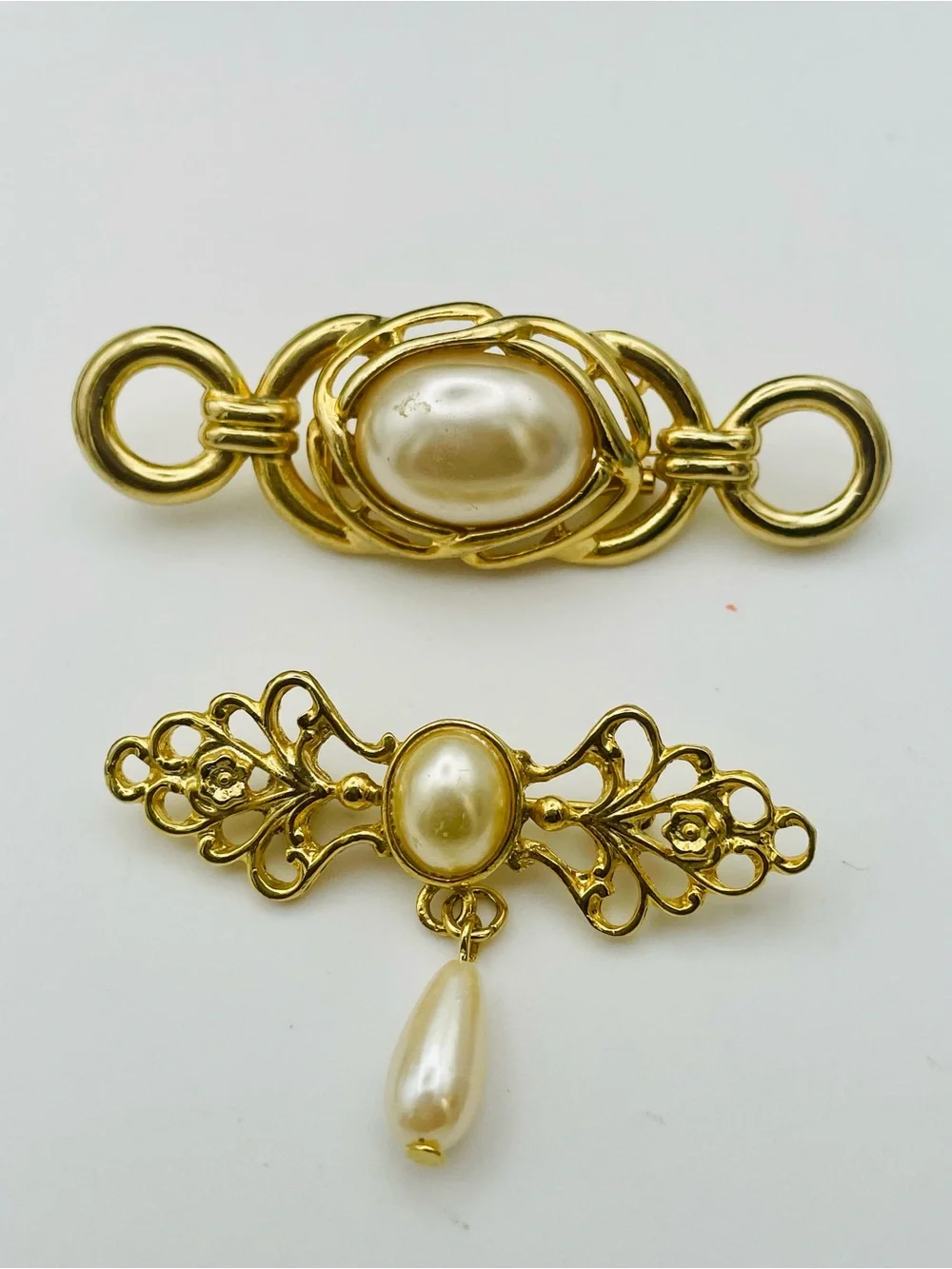 Gold-Tone Pearl Filigree 2 Brooch Set - one with Dangle Pearl. Pearl Cabochons